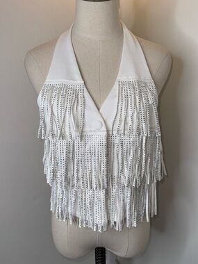 Nylon Apparel Women’s Large White Disco Western Fringe Vest Halter Top